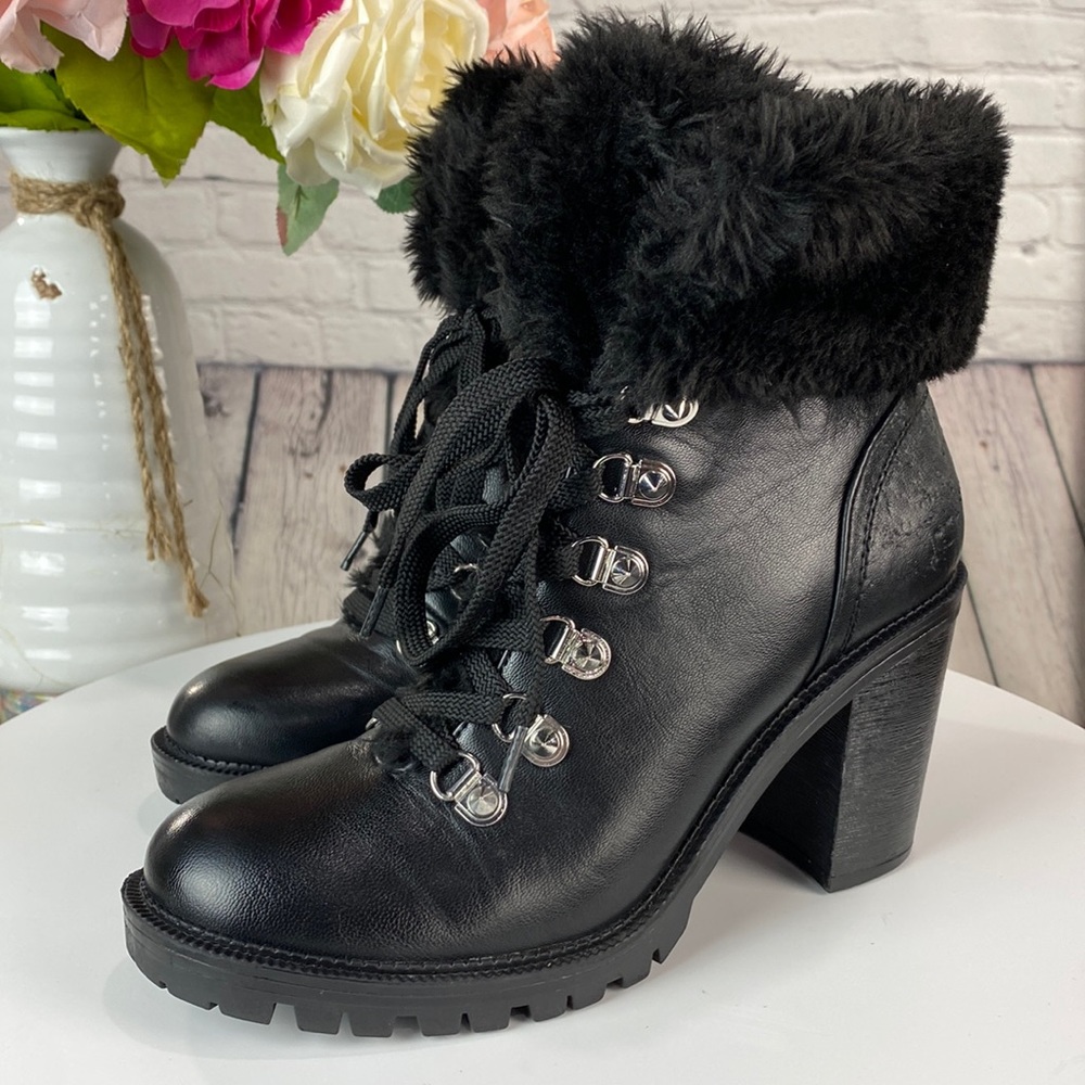 G by GUESS Black Faux Fur Chucky Heeled Moto Boots